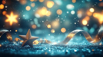 Poster - Festive Golden Ribbon and Star Decoration with Sparkling Bokeh for Holiday Celebrations : Generative AI