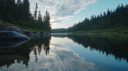 Aufkleber - Serene River Scene with Tall Forests and Reflective Waters at Dusk : Generative AI