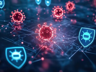 Aufkleber - A visual metaphor for malware detection, with glowing red virus symbols being neutralized by blue shieldlike icons