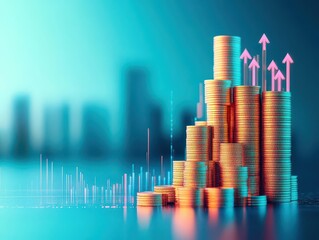 Poster - A towering stack of golden coins with glowing upward arrows, futuristic holographic effect, digital rendering, neon blue background, emphasizing financial growth