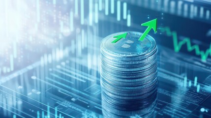 Aufkleber - A stack of shimmering coins, green arrows pointing upwards, surrounded by digital financial charts, abstract, clean lines, blue and white tones