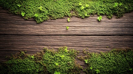 Poster - Closeup of Wooden Surface with Vibrant Green Moss Growth on Dark Rich Wood Background : Generative AI