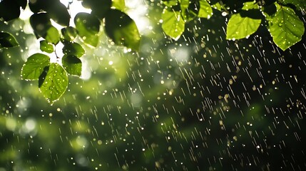 Aufkleber - Sunlit Leaves with Raindrops Natural Greenery After Rain with Focused Raindrop Elements : Generative AI