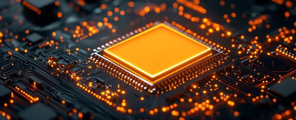 Leinwandbilder - Bright Orange Chipset Highlighted on a Circuit Board Showcasing Advanced Technology Design : Generative AI