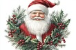 © Zivorad - An illustration of a jolly Santa Claus with a bushy beard and red hat, encircled by a festive holly wreath, embodying the spirit of Christmas joy and tradition.