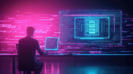 Poster - A lone developer in a neonlit workspace analyzing a holographic AI project report, glowing details, dark scifi tones, high detail