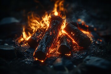 Aufkleber - Crackling Night Campfire with Vibrant Flames and Glowing Logs Creating Warmth and Ambiance : Generative AI