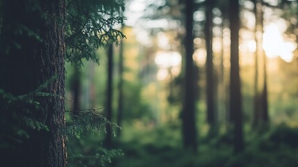 Poster - Sunlit Forest at Dusk with Focus on Tree Trunk and Blurred Green Background : Generative AI