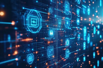Aufkleber - A cybersecurity professional surrounded by holographic threat detection icons and protective digital walls