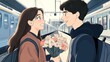 © Zivorad - A charming anime-style illustration of a couple sharing a bouquet at a train station symbolizes young love, connectivity, and the joy of meeting or parting.