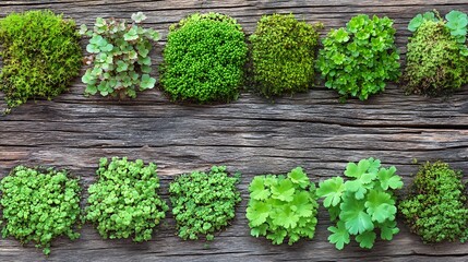 Poster - Top View of Various Moss Patches Arranged on Aged Wooden Surface : Generative AI