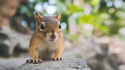 Poster - Adorable Squirrel Standing on Rock in Lush Forest Landscape : Generative AI