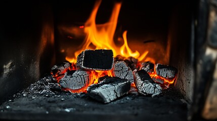 Aufkleber - Burning Embers and Vibrant Flames Convey Intense Heat in Fireplace : Generative AI