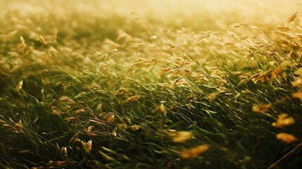 Poster - Golden hour sunlight glowing through wild grassy field : Generative AI