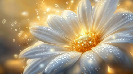 Wall Mural - Glowing white daisy with dewdrops in golden light