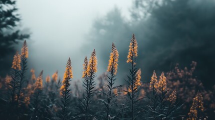 Poster - Misty Forest with Goldenrod in Bloom Captures Ethereal Morning Light through Foggy Meadow Setting : Generative AI