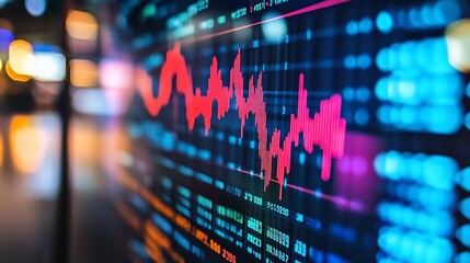 Fototapete - Digital financial stock market chart with fluctuating graphs and abstract neon colors in dynamic display : Generative AI