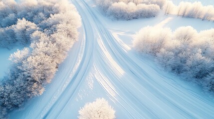 Aufkleber - Winter Wonderland with Snowy Roads and Frosted Trees from Above : Generative AI