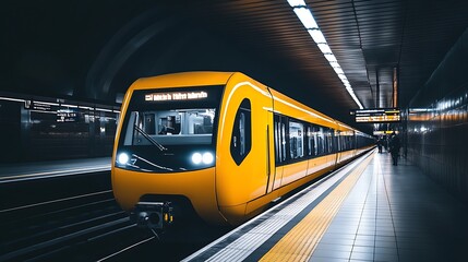 Poster - Modern Yellow Subway Train at Station in Urban Night Setting with Vibrant Lights : Generative AI
