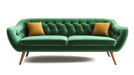Poster - Stylish green sofa features tufted upholstery, complemented by yellow throw pillows. Its wooden legs add a modern touch, making it perfect for contemporary living spaces or cozy reading nooks.