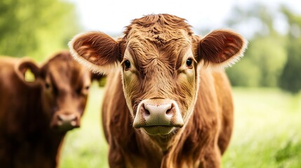 Poster - Upclose portrait of a curious young brown calf in a verdant meadow setting : Generative AI