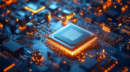 Poster - Closeup of a glowing microchip on a circuit board with blurred background : Generative AI