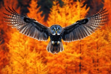 In the Swedish forest, a Great Grey Owl, Strix nebulosa, flies above green spruce trees, set against an orange, dark background. The bird is depicted with its wings fully extended