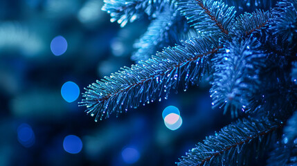 Vibrant blue evergreen branches with dew in festive bokeh lights