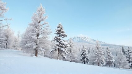 A serene winter landscape covered in fresh snow, with trees and a distant mountain under a clear blue sky, blue sky, mountain