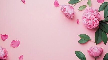 Poster - Pink Peonies on Pastel Pink Background with Green Leaves for Elegant Floral Design : Generative AI