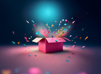 Poster - A pink gift box explodes with colorful confetti and light, creating a vibrant, celebratory scene.  The surprise is magical and joyful.