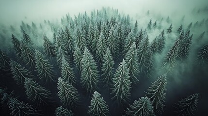 Poster - Mysterious FogLaden Evergreen Forest with Towering Trees and Atmospheric Depth : Generative AI