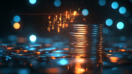 Aufkleber - Tall Stack of Coins with Rising Financial Graph in Digital Blue Orange Background : Generative AI