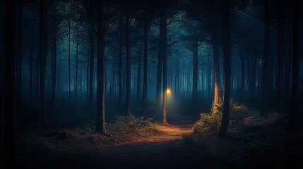 Poster - Mystical Forest Trail Lit by a Single Distant Lantern : Generative AI