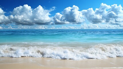 Poster - Bright Summer Day with Fluffy Clouds and Gentle Ocean Waves on Sandy Beach : Generative AI