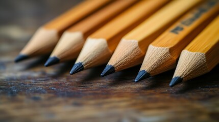 Poster - Sharpened Wooden Pencils Arranged in a Row on Rustic Wooden Surface : Generative AI
