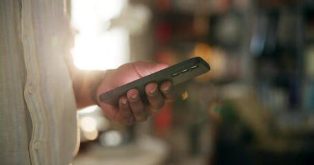Poster - hand, phone and texting in home with connection for mobile app, chat and scroll for post on web. per
