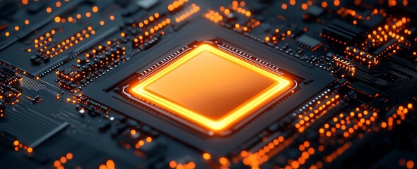 Leinwandbilder - Illuminated Circuit Board with Orange Microprocessor Emphasizing CuttingEdge Tech Innovation : Generative AI