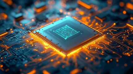 Fototapete - Futuristic glowing microchip on a circuit board signaling the era of advanced technology : Generative AI
