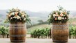 © Nathaphat - Wedding planning ceremony theme. Vibrant floral arrangements on rustic barrels in a vineyard setting.