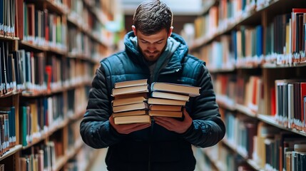Poster - Focused Student Studying in Library Surrounded by Rows of Books Choosing Literature : Generative AI