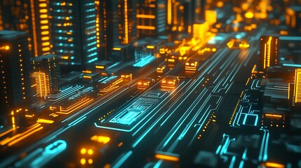 Aufkleber - Digital Metropolis with Vivid Neon Lights and Integrated Circuit Networks : Generative AI
