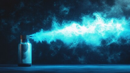 Wall Mural - A minimalist animated spray bottle emitting a vibrant blue mist against a dark background