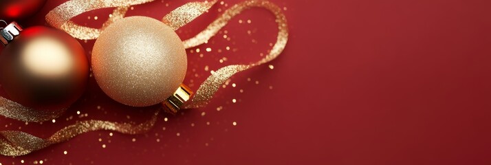 Two festive Christmas ornaments rest on a vibrant red background, adorned with shimmering gold ribbons, capturing the essence of holiday spirit.