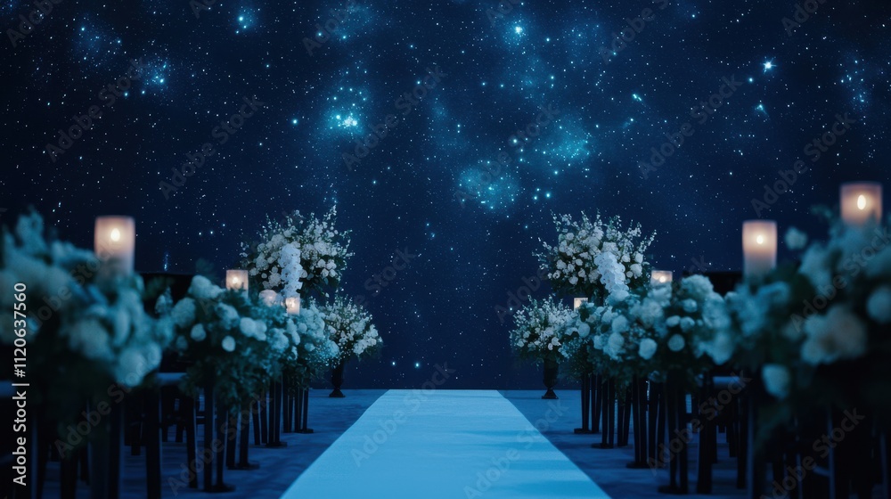 Wedding planning ceremony theme. Dreamy wedding aisle under a starry ...