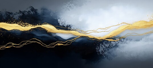 Aufkleber - Contemporary Abstract Art Featuring Gold and White Contrasts with Flowing Wave Motifs : Generative AI