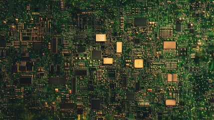 Poster - Green and Gold Electronic Circuit Board with Integrated Microchips : Generative AI