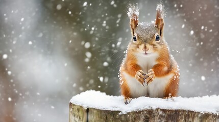 Poster - Adorable Red Squirrel Perched on Snowy Wooden Post in Winter Wonderland : Generative AI