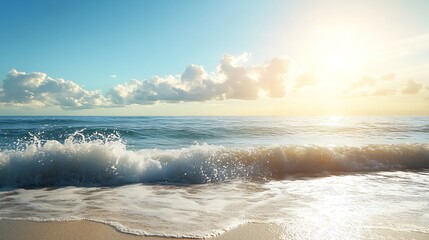 Poster - Ocean Waves Glistening Under a Golden Sunrise for a Peaceful Beachscape : Generative AI