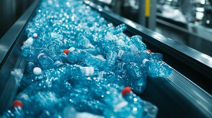 Top-down view of a conveyor belt filled with discarded blue plastic water bottles in a recycling facility